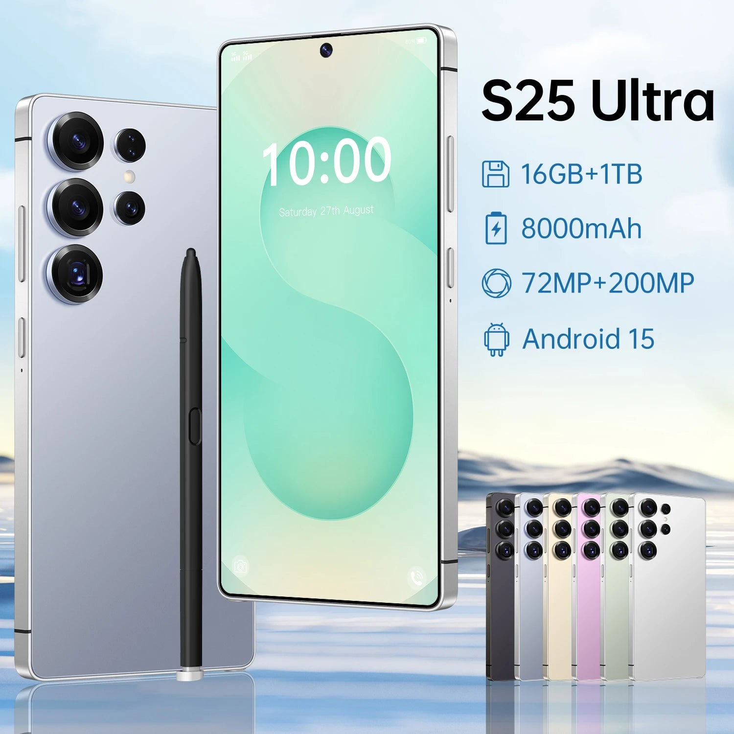 S25 Ultra 5G smartphone showing large display, 108MP camera, and sleek design for high-performance mobile computing.