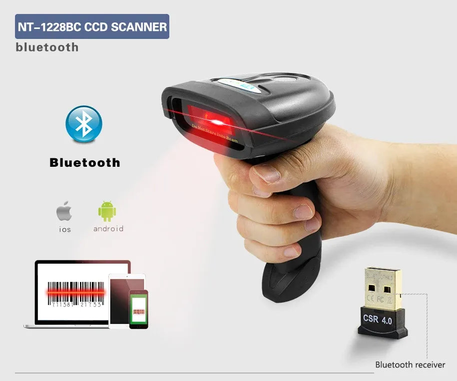 Handheld Bluetooth 2D barcode scanner held in hand with red scan beam and USB dongle
