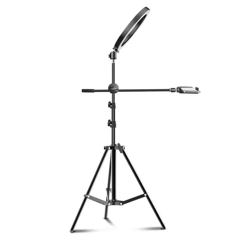 Black ring light on an adjustable tripod stand with a horizontal arm and phone mount for content creation.