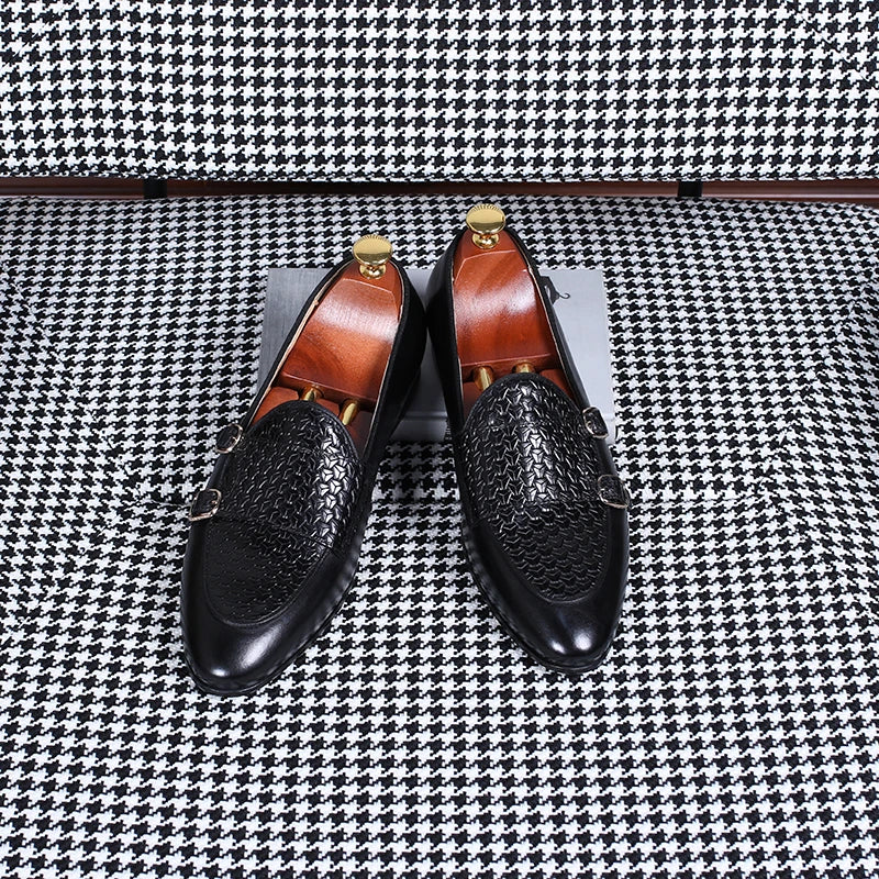 Italian Men Embossed Basketweave Genuine Leather Dress Shoes Hand Burnished Patina Formal Office