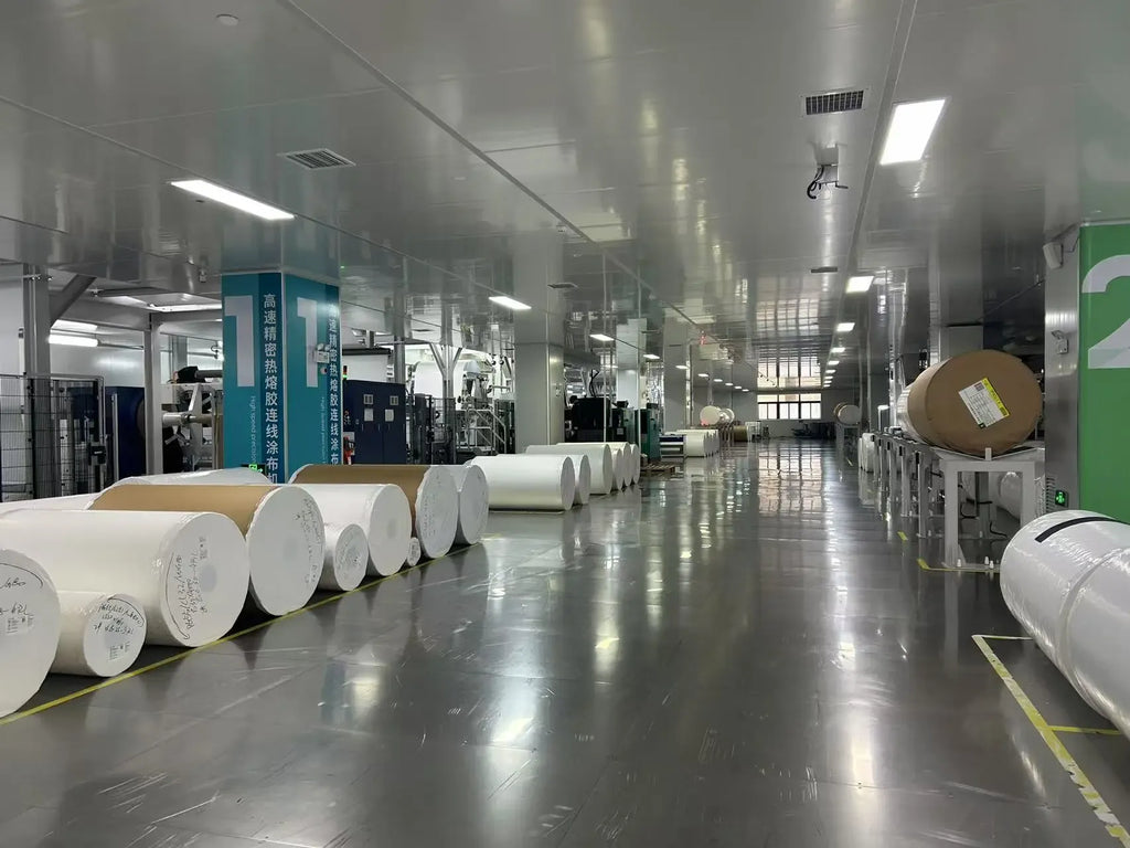 Rolls of tape lined up along a clean factory production floor