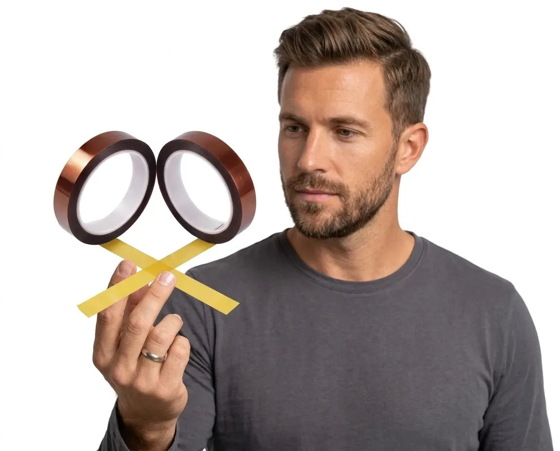 Man holding copper-brown tape rolls and yellow die-cut strips toward the camera