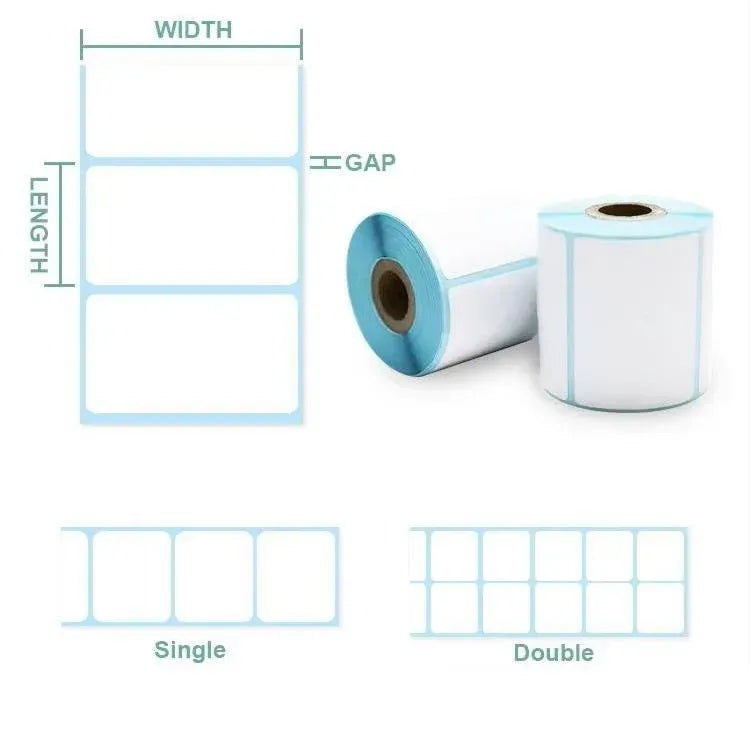 Thermal label roll size and layout diagram, single and double spacing with cyan border