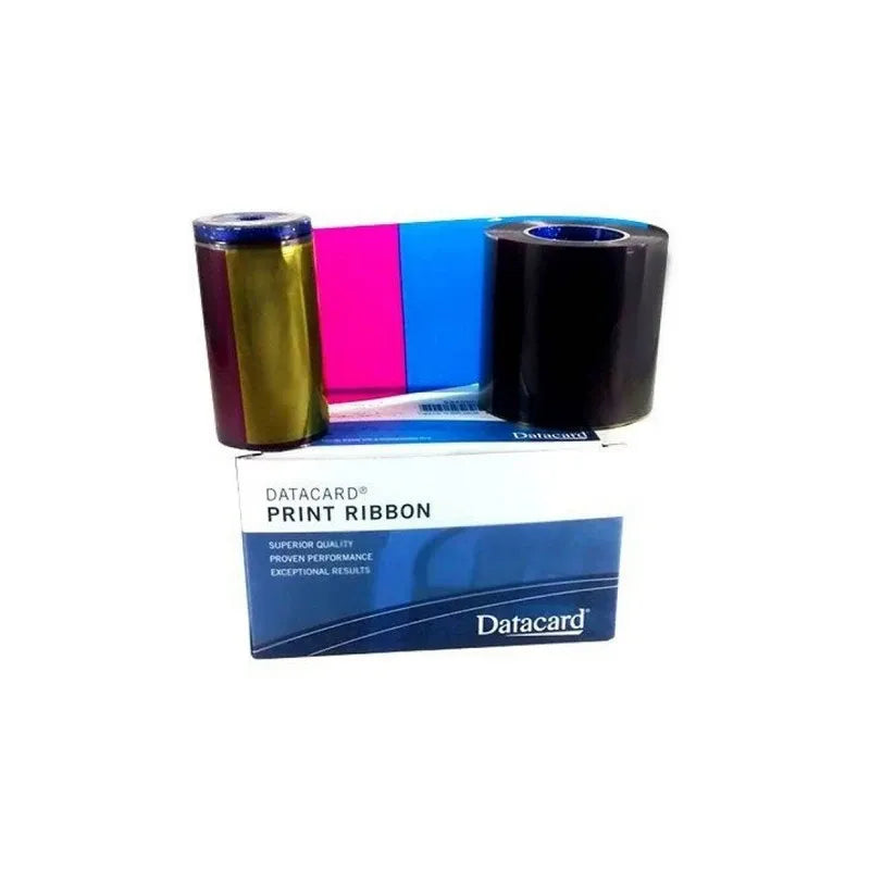 Datacard-style print ribbon set with multicolor and black rolls