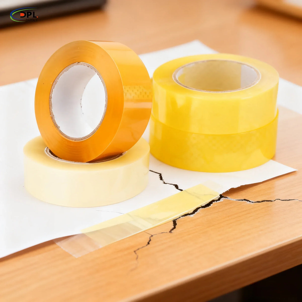 Packing tape rolls and strips on a cardboard box edge with a torn seam