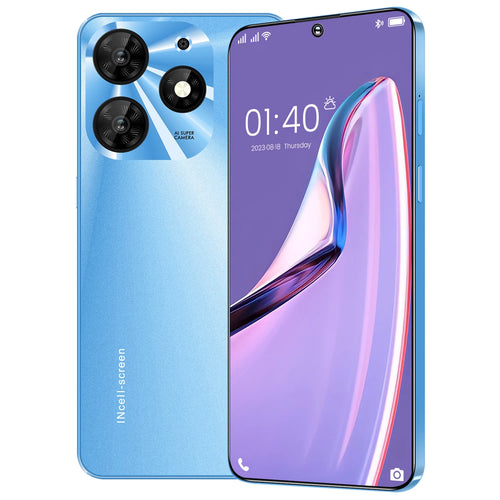 Blue 7.3-inch Android smartphone shown front and back with quad camera lenses.