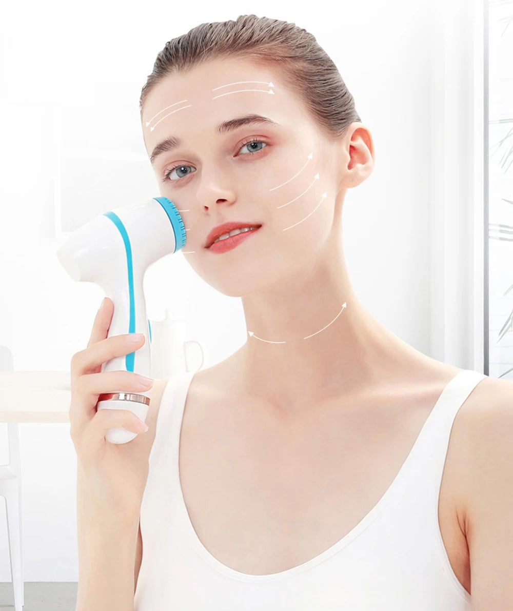 Woman using white and blue sonic facial cleansing brush for deep skin exfoliation and blackhead removal.