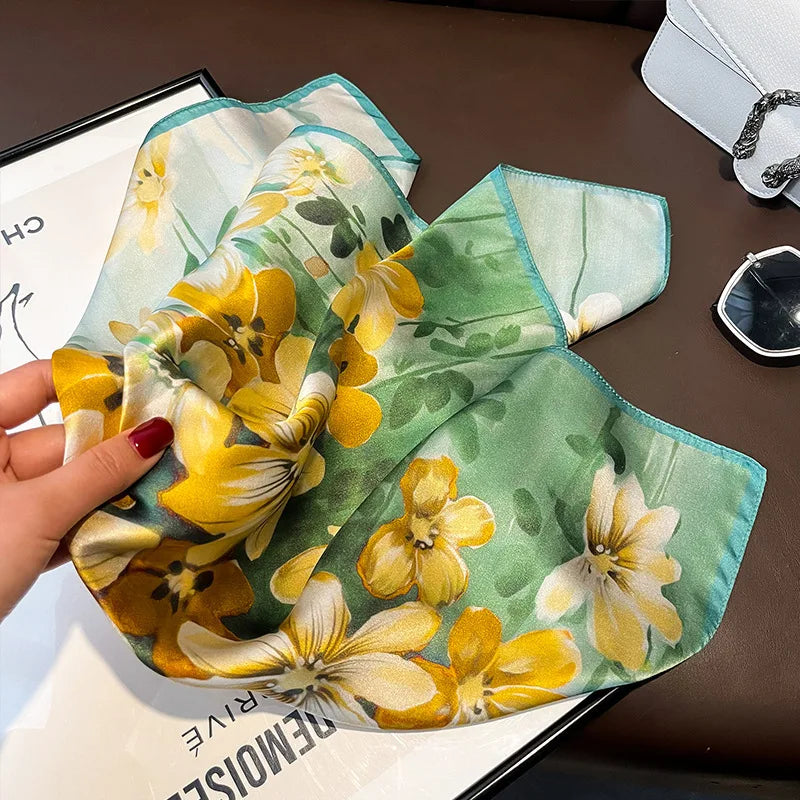 Women's Spring Autumn Mulberry Silk Square Scarf, Elegant Geometric Print, Soft & Smooth Neck Scarf