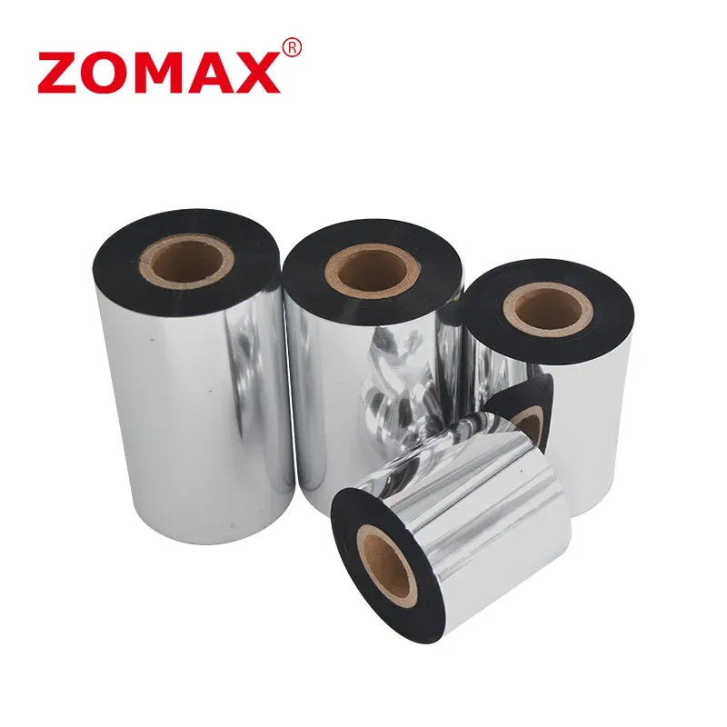Black thermal transfer ribbon rolls with foil sheen on cardboard cores