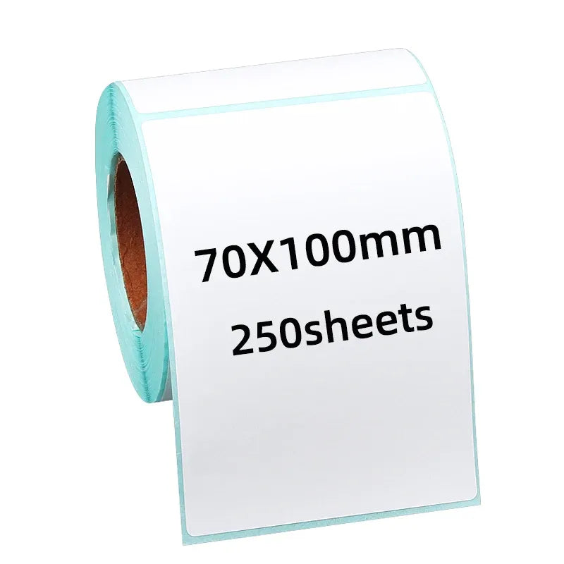 Sky blue thermal adhesive label roll, 70x100mm, 250 sheets per roll