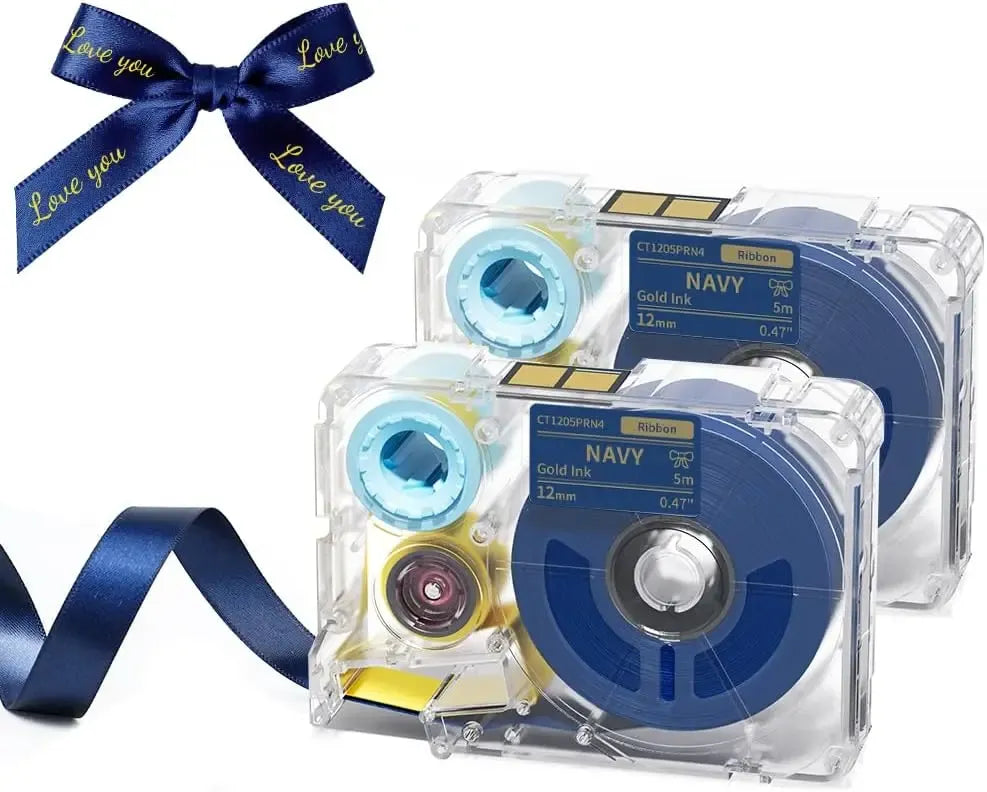 Navy satin ribbon tape roll with gold print, 12mm wide
