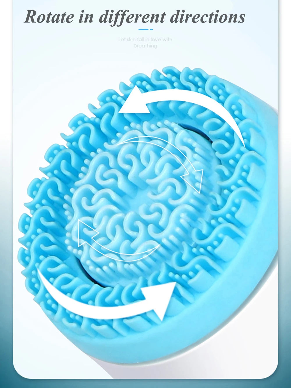 Round, light blue silicone facial cleansing brush with patterned bristles and rotating arrows indicating motion.