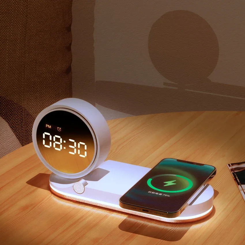 3-in-1 Wireless Charger with Digital Clock - 15W Fast Charge (White) Tidesmit