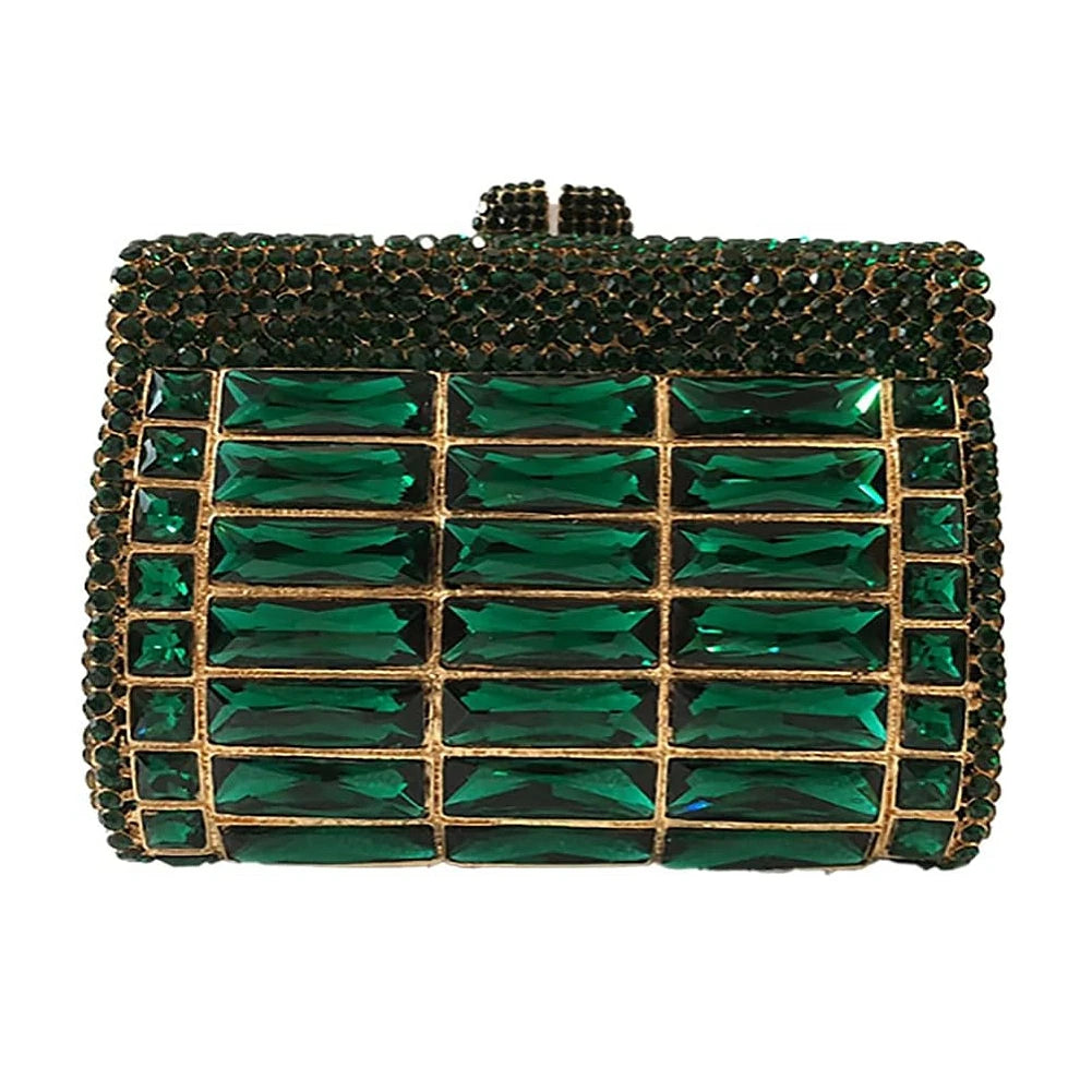 Emerald green crystal evening clutch bag with rectangular rhinestones, metallic frame, and luxury wedding design.
