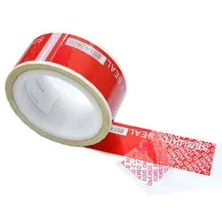 Red tamper-evident void security tape roll with printed VOID text strip