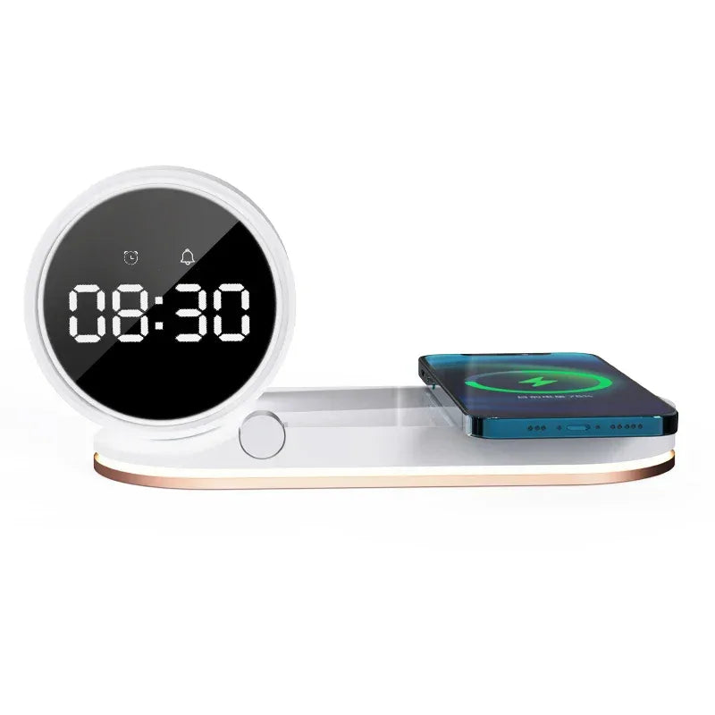 3-in-1 Wireless Charger with Digital Clock - 15W Fast Charge (White) Tidesmit