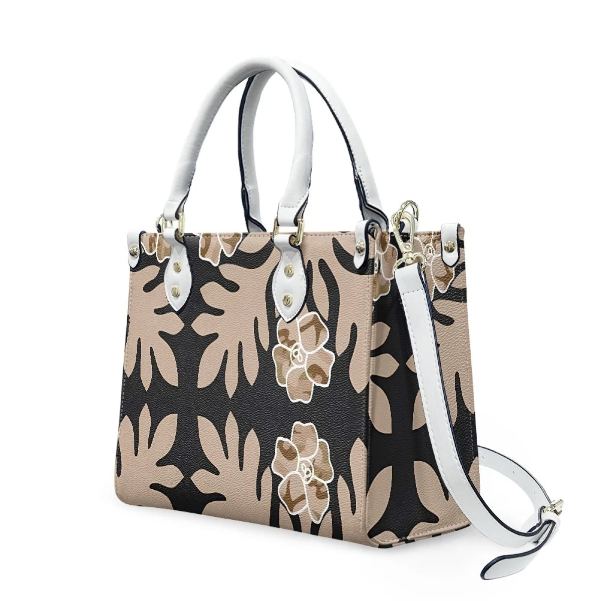 Large leather handbag with black and beige Polynesian tribal floral print, white handles, and detachable shoulder strap.