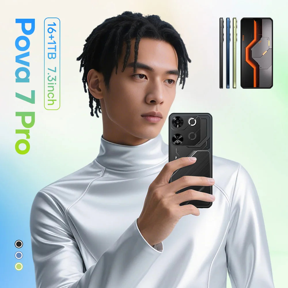 Tecno Pova 7 Pro 5G smartphone with 7 inch screen and 8000mAh battery in sleek durable finish