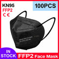 Black KN95 FFP2 face mask with textured 5-layer fabric, ear loops, and CE certification print on a white background.