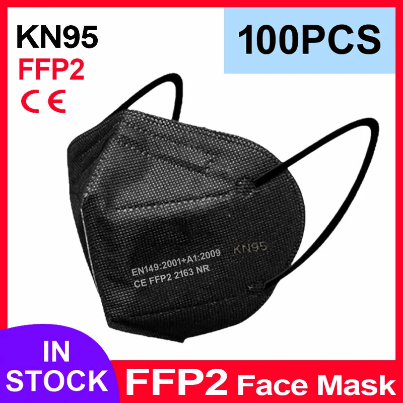 Black KN95 FFP2 face mask with textured 5-layer fabric, ear loops, and CE certification print on a white background.
