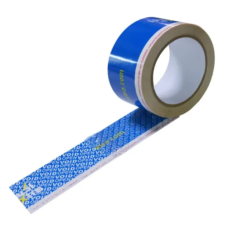 Blue tamper-evident security seal void tape roll with repeating VOID print strip