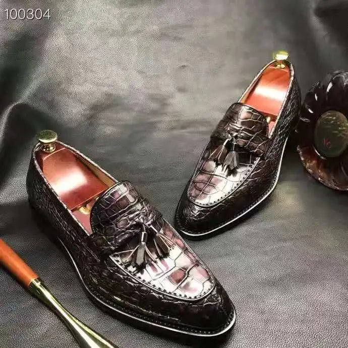 Goodyear Welt Luxury Loafer Shoes for Men Genuine Crocodile Leather Formal Shoes Tassel Office Wear Men's Dress Shoes