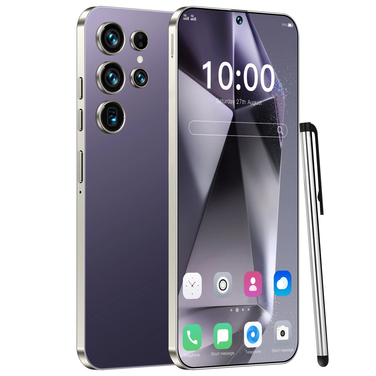 S26 Ultra 5G smartphone with purple back and triple rear camera, front screen on