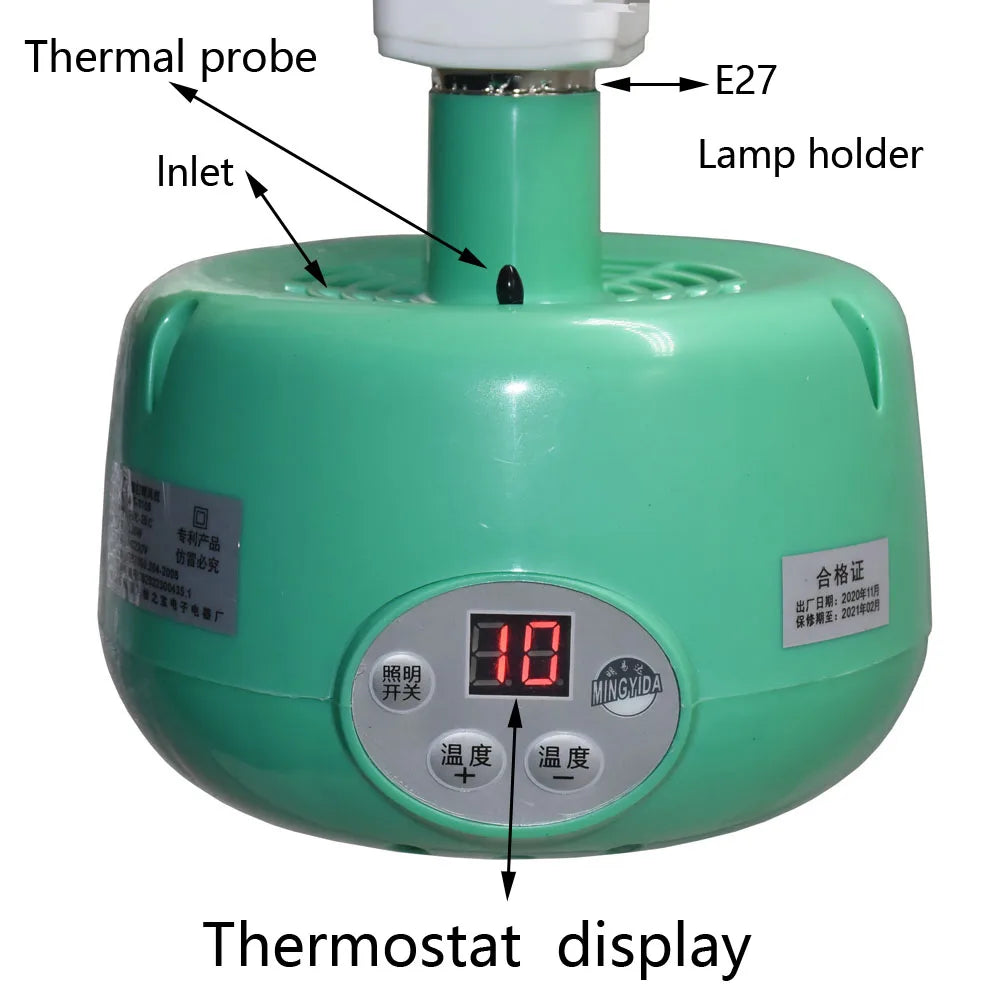Green 300W pet heating lamp with digital thermostat, E27 holder, and thermal probe for chicken or reptile enclosures.