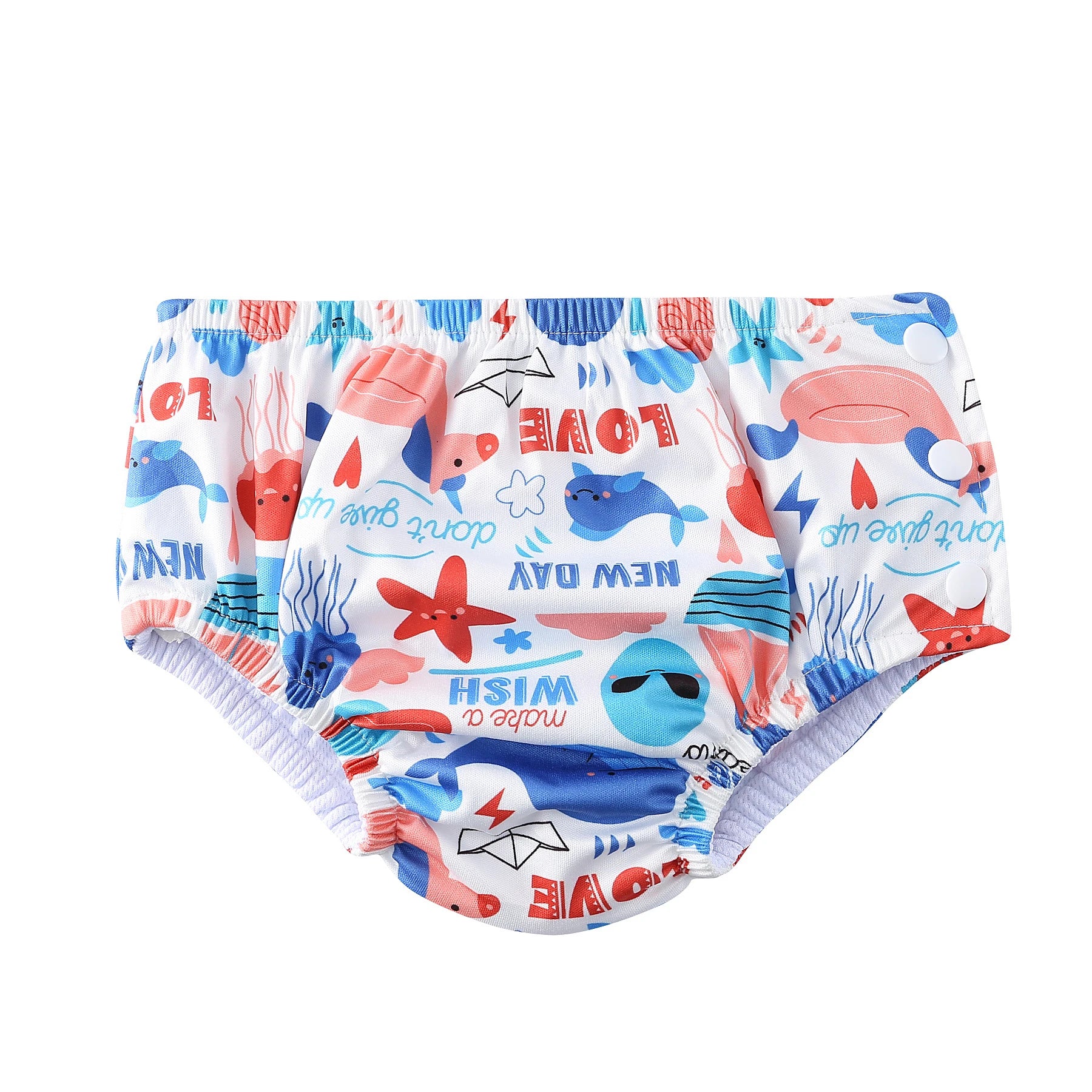 Reusable baby swim diaper with colorful ocean print and side snap buttons for adjustable fit.
