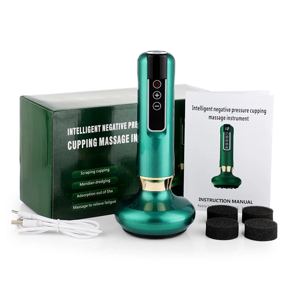 Green electric vacuum cupping massage device for Gua Sha, body slimming, and heat therapy with manual and accessories.