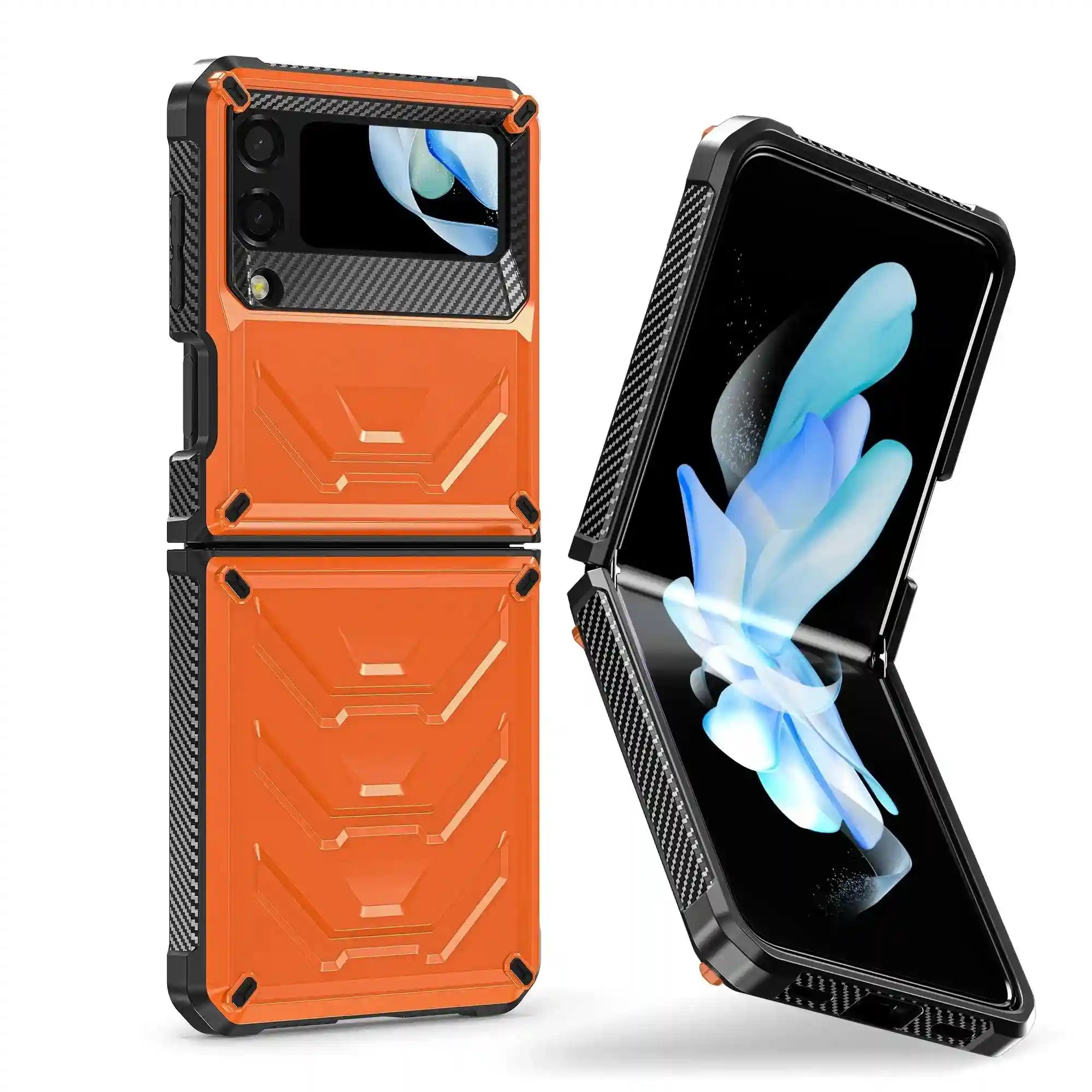 Rugged orange and black carbon-fiber-textured case for Galaxy Z Flip phone, providing protective folding cover.