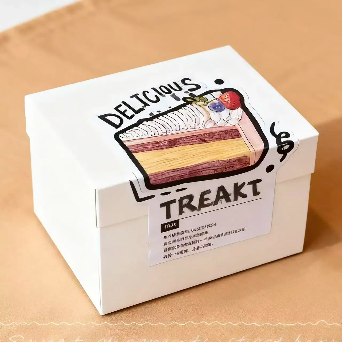 Delicious treat logo PVC sticker label on white bakery package