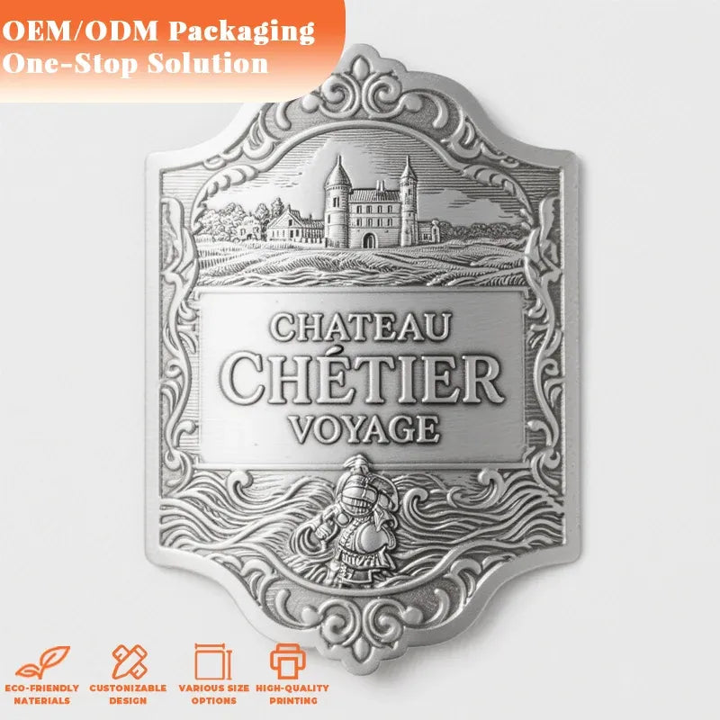 Luxury metal label sticker, silver embossed shield with CHATEAU CHETIER VOYAGE text