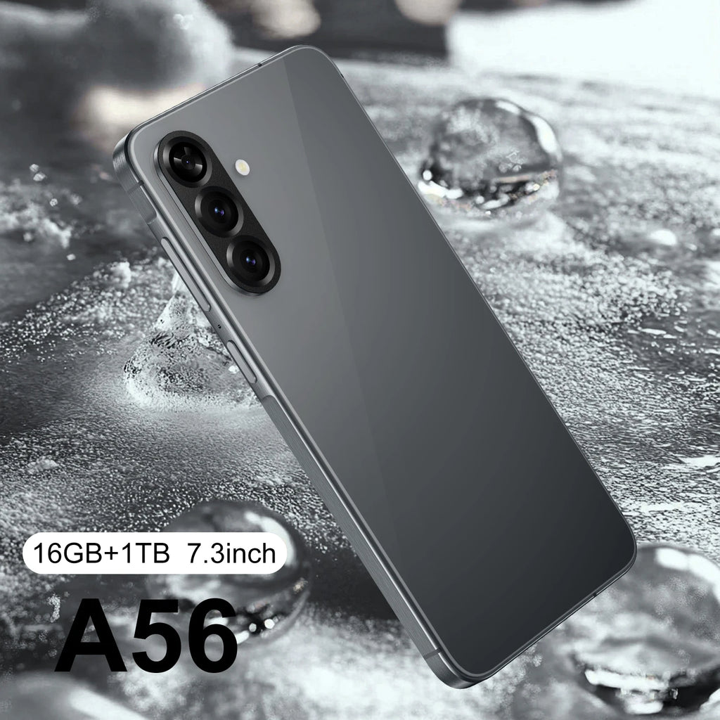 Tidesmit A56 5G side profile showing 7.3 inch HD display and sleek design with 108MP camera lens