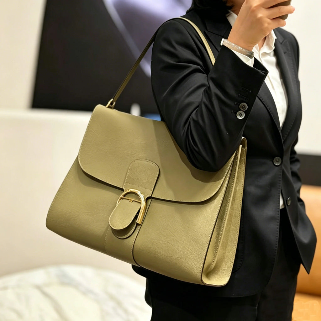Sage green luxury leather shoulder bag with gold hardware buckle and minimalist flap design for professional women.