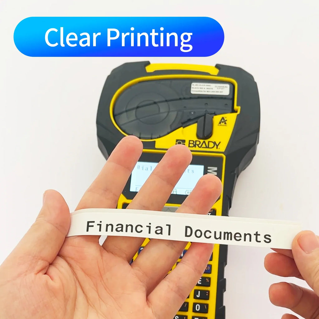 Label printing with BRADY handheld printer and black text on white tape