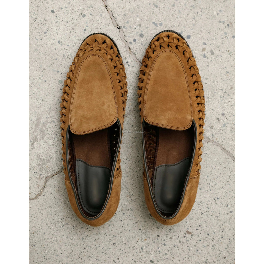 Premium Men Cow Suede Leather Loafers Unisex Dress Shoes Blake Stitch Slip-On Leather H S Libido Loafer Tobacco Whip Loafer