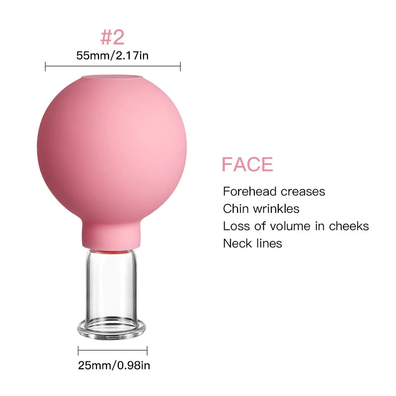Pink silicone bulb and glass vacuum cupping massage tool for face, marked as #2 with a 25mm diameter base.