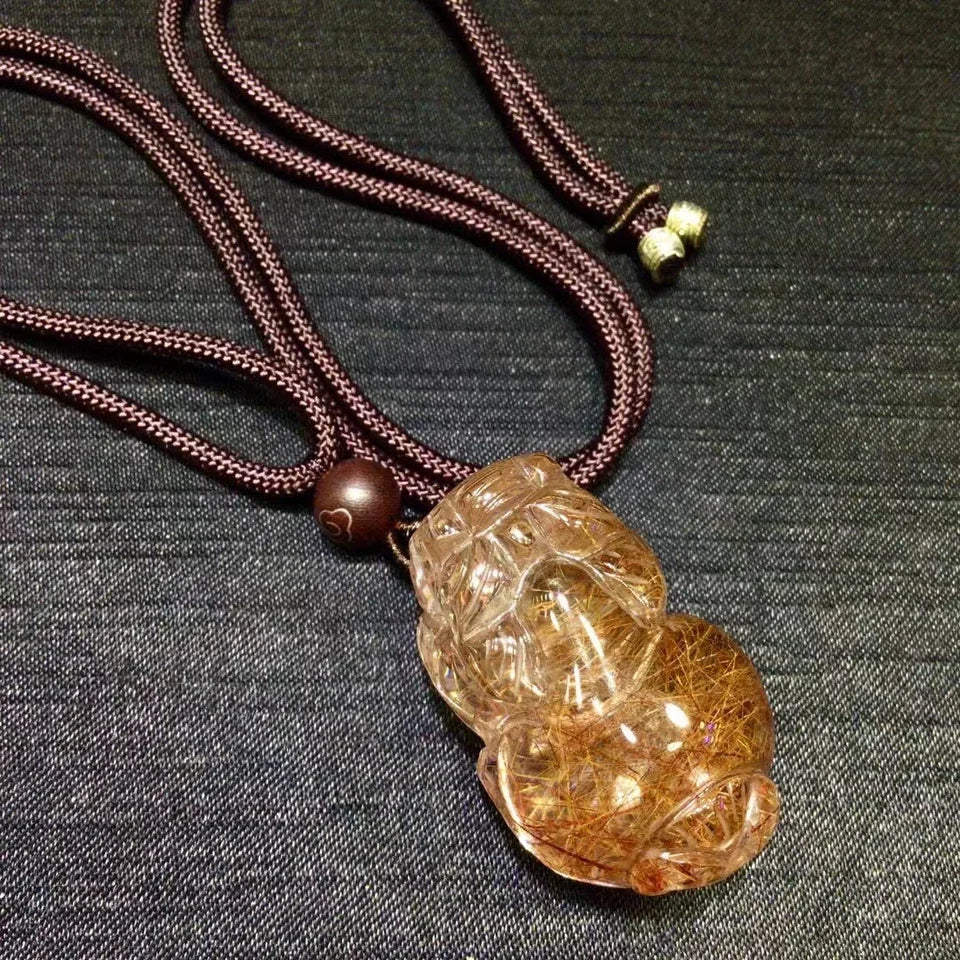Natural Copper Rutilated Quartz Pendant Necklace for Women Men Beazil Healing Crystal Trendy Pendant Pi Xiu Red 35mm Rope Chains