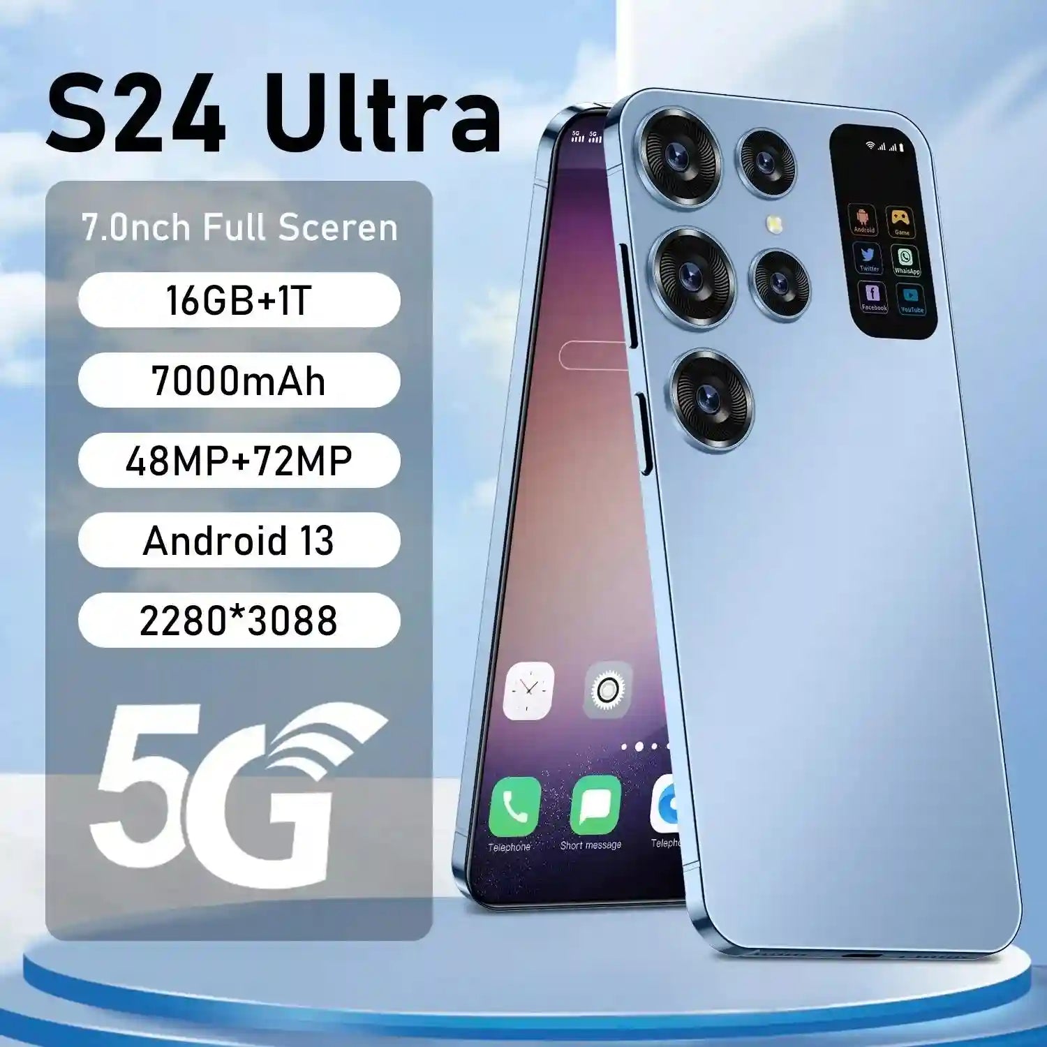 2024 New Arrival S24 Ultra Smart Phone 7 Inch Mobile Phones 16+1TB Unlock S-Pen 5G WIFI Gaming Android HD LCD 65W Tidesmit