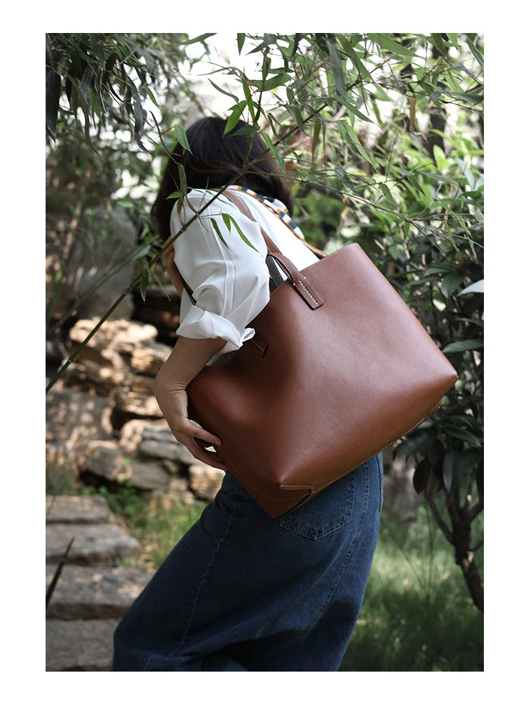 Women Luxury Genuine Leather Tote Soft Cowhide Handbag Two Sides Available Using Shoulder Bags Versatile And Durable
