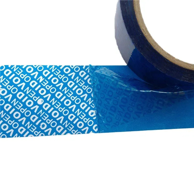Blue security seal tape roll edge with VOID-printed adhesive strip