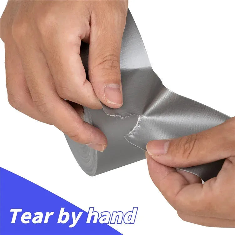 Grey silver duct tape roll and hands holding a tear-ready tape edge