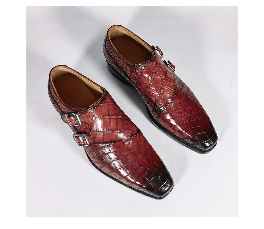 Goodyear Shoes for Man Styles Monk Strap Men High Quality Dress Shoes Green Luxury Genuine Crocodile Leather Office Men's Shoes