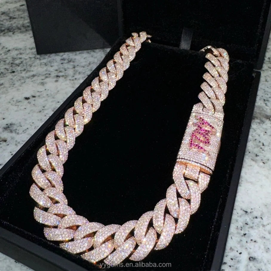 Custom Moissanite Heavy Silver Chain for Men 13mm-22mm Width S925 Solid Rose Gold Plated VVS Moissanite Diamond Cuban Link Chain