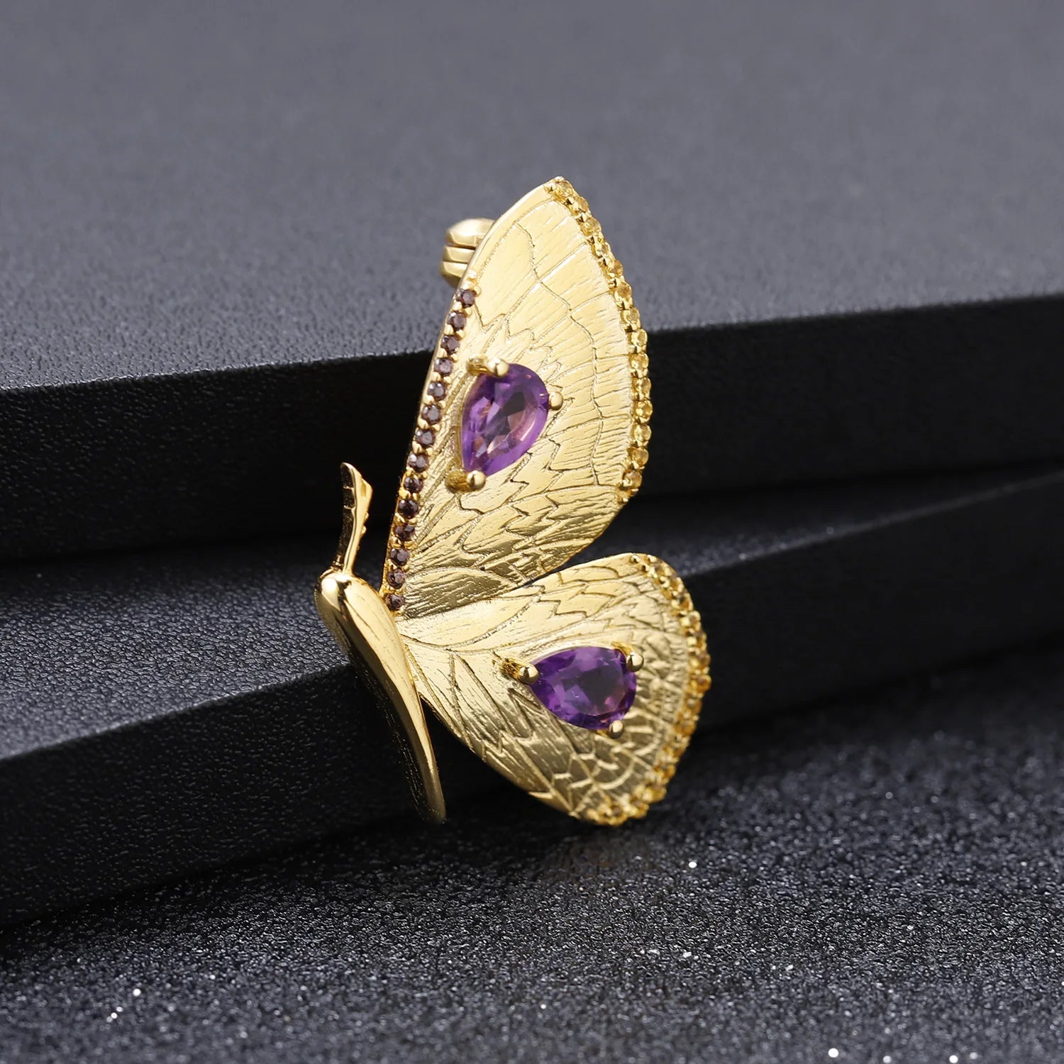 TIANSHE New Chinese Style Vintage Gold Butterfly Brooch Pendant S925 Pure Silver High-end Natural Amethyst Corsage