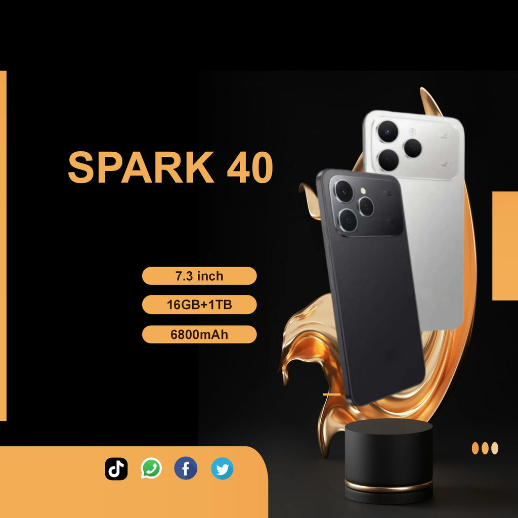 Spark 40 5G smartphone with 16GB RAM, 1TB storage, 108MP camera, and fast charging, shown in product gallery view.
