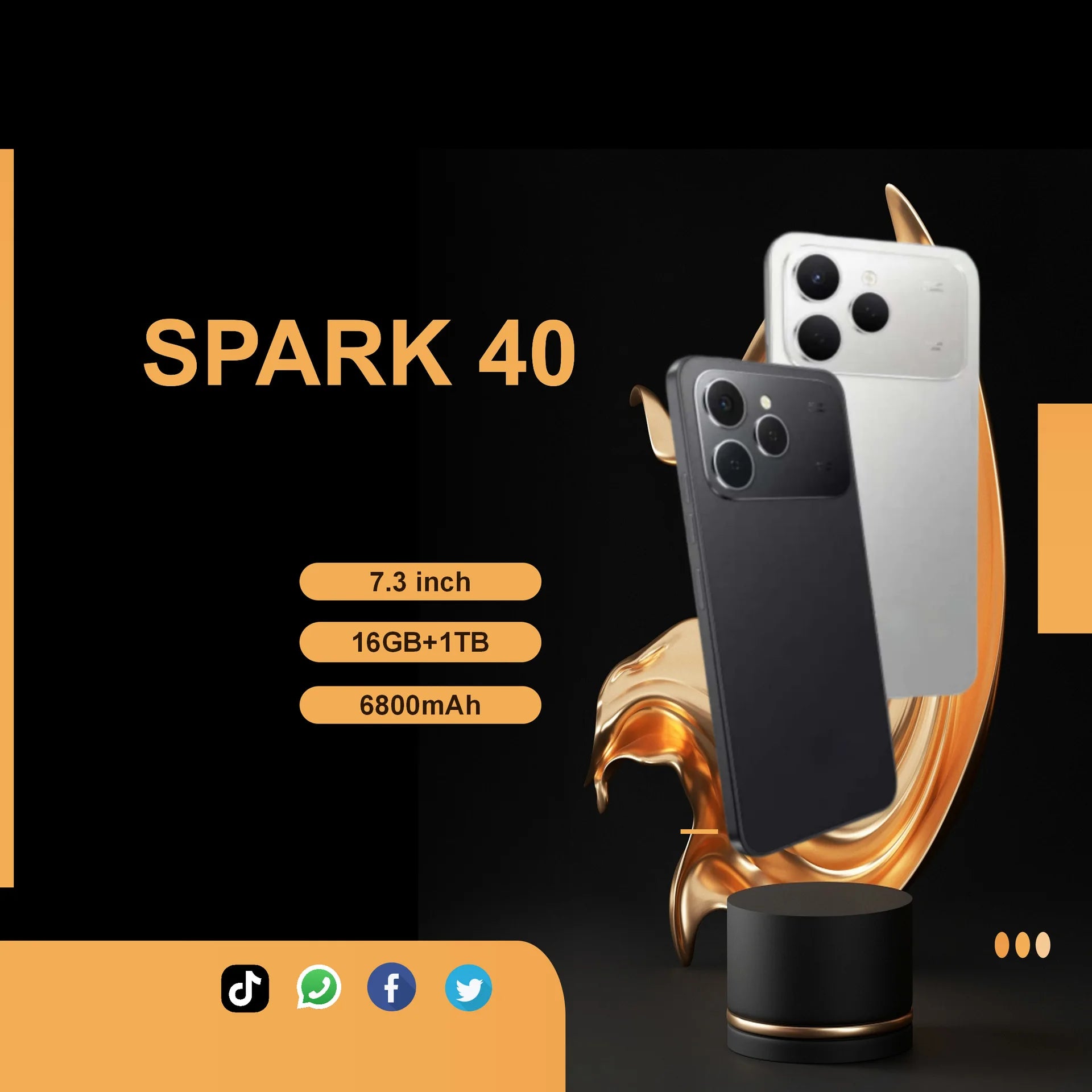 Spark 40 5G smartphone with 16GB RAM 1TB storage, 108MP camera, and fast charging HD screen, gallery view six.