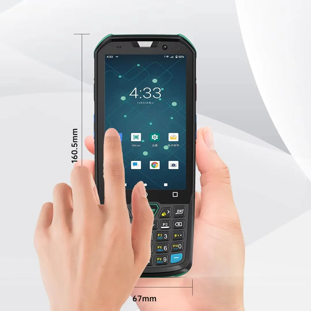 Rugged handheld barcode scanner held in hands with touchscreen and keypad; 160.5mm