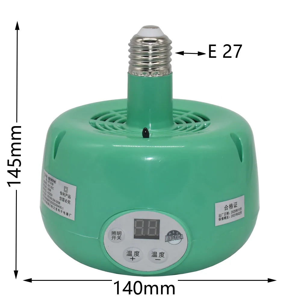 Green 300W E27 pet heating lamp with digital thermostat for chicken brooders and reptile tanks. Keeps animals warm.